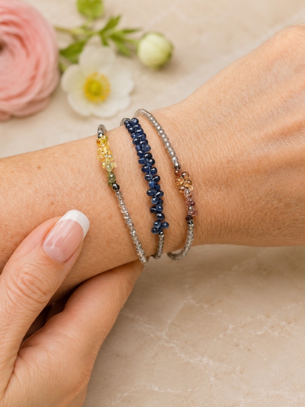 Tiny Natural Labradorite Sapphire Wrap Bracelet Necklace Solid 14K White Gold